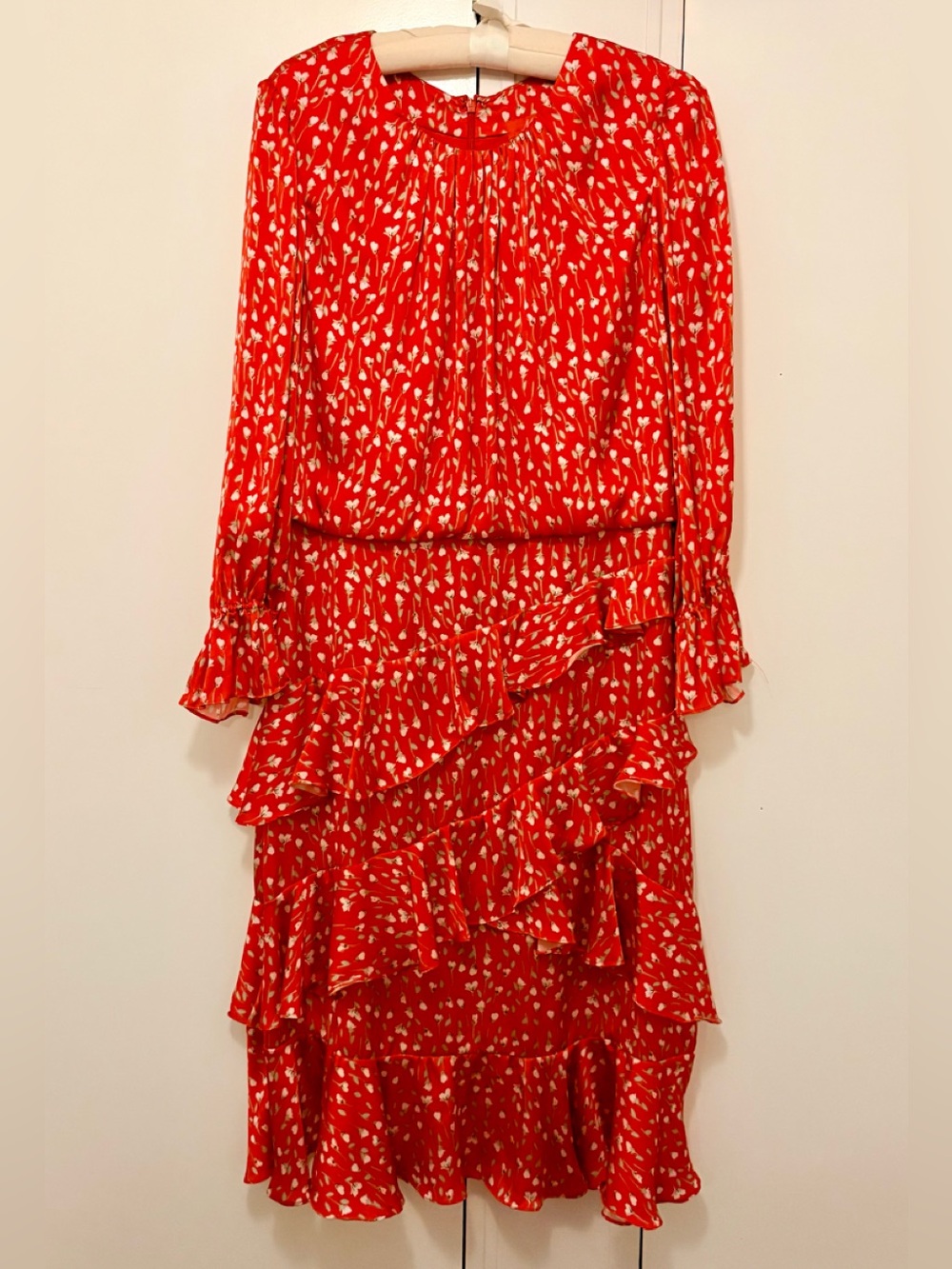 Monique Lhuillier Ruffled Long-Sleeve Floral Dress